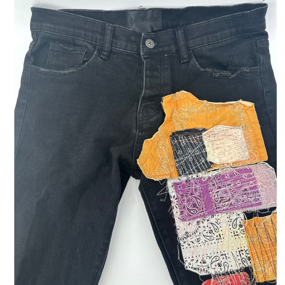 Valabasas Mens Black Bandana Patchwork Distressed Skinny Stacked Jeans Size 32